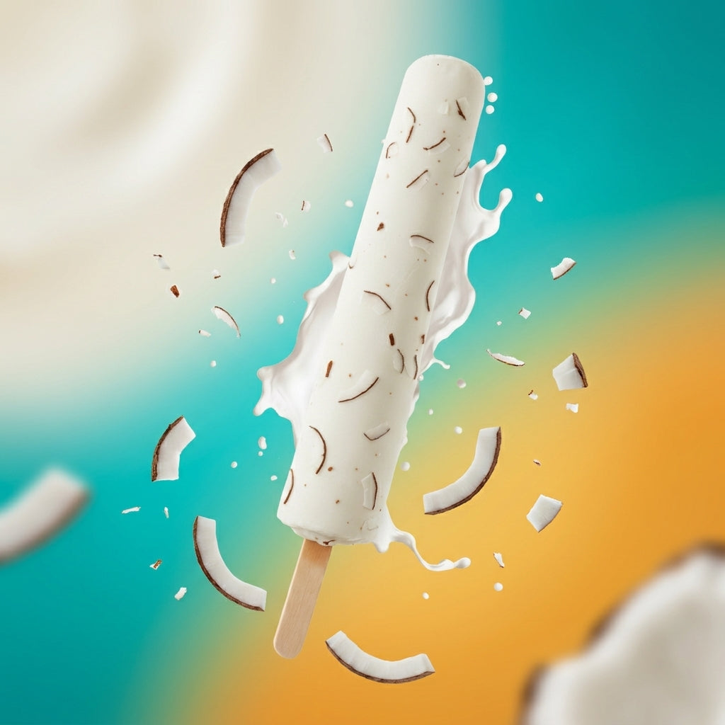 Coconut Kulfi on a stick with coconut pieces and milk splash